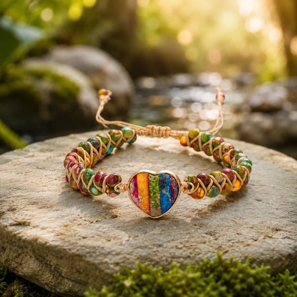 Veganes 7-Chakren Naturstein-Armband mit Herz – handgefertigt
