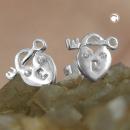 Ohrstecker Ohrring 9x8mm Herz Schloss und Schlüssel mit Zirkonia glänzend Silber 925