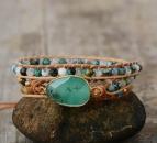 Grünes Jade- & Jaspis Wickelarmband aus Leder – Boho Stil