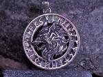 Wolf Anhänger mit Valknut und Runenring aus 925 Sterlingsilber